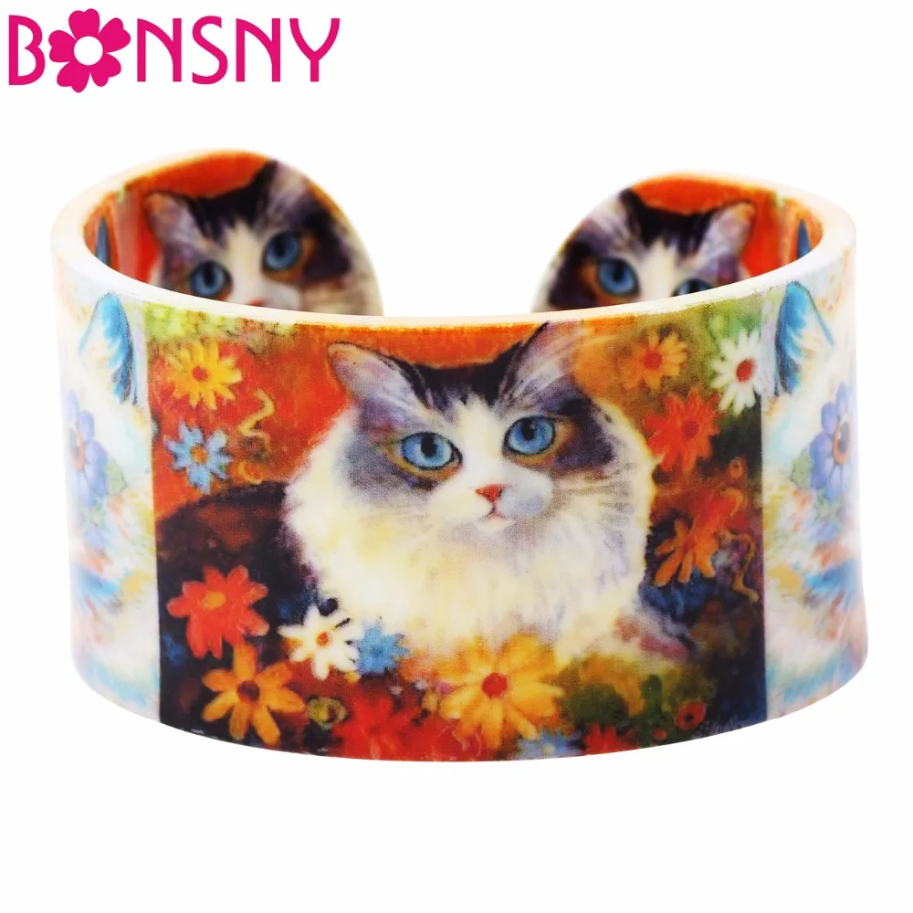 Женский широкий браслет с котенком и цветком Bonsny из акрила ювелирные изделия