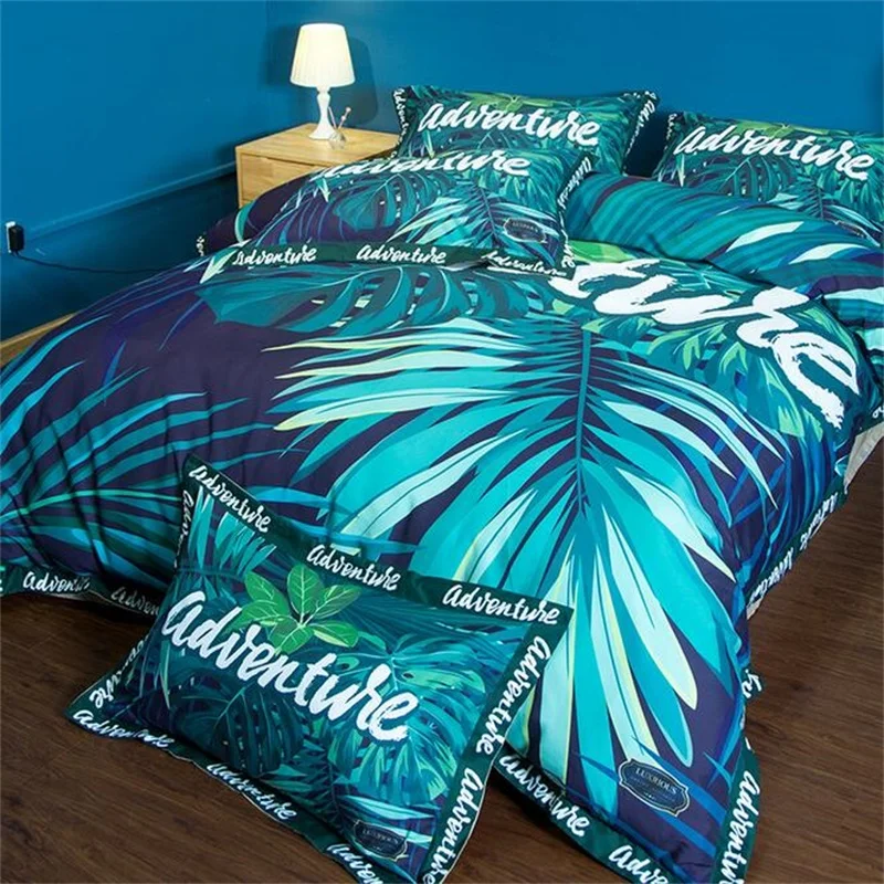 Trending Printed Pattern 1500 Supreme Collection Extra Soft Tropical Leaf Teal Pattern Sheet Set Queen Size Queen Luxury Bed Sheets Set with Deep Pocket Wrinkle Free Bedding 