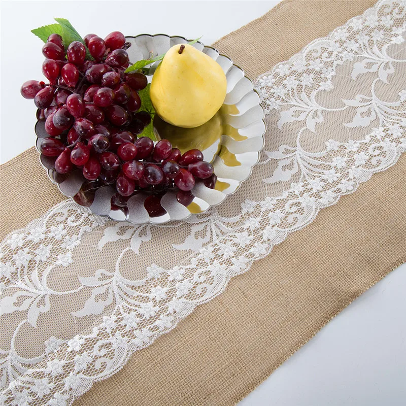 

Rustic Wedding Hessian Burlap Lace Table Runners Natural Jute Table Cover Banquet Cloth Country Party Table Decorations 280cm