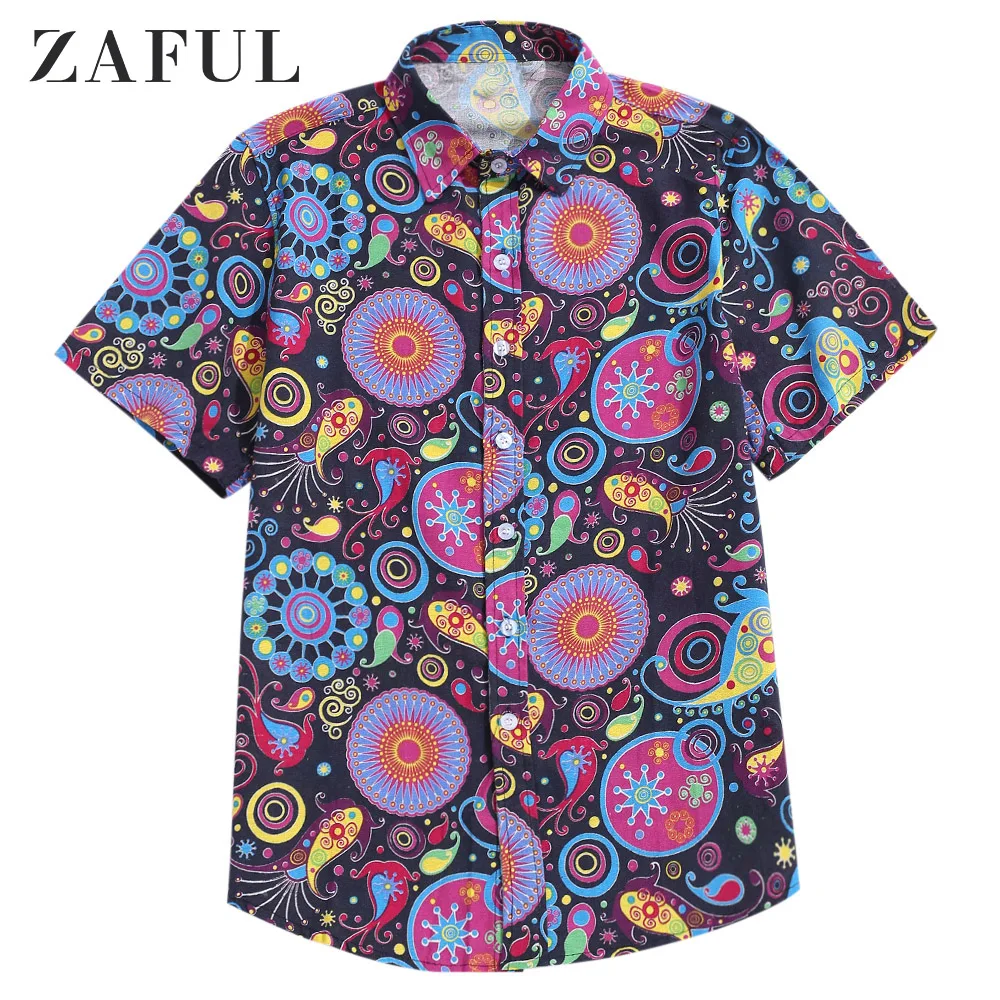 ZAFUL рубашка с короткими рукавами Мужская Уличная рубашка с этническим принтом на пуговицах Повседневная рубашка 2019 мужская летняя модная