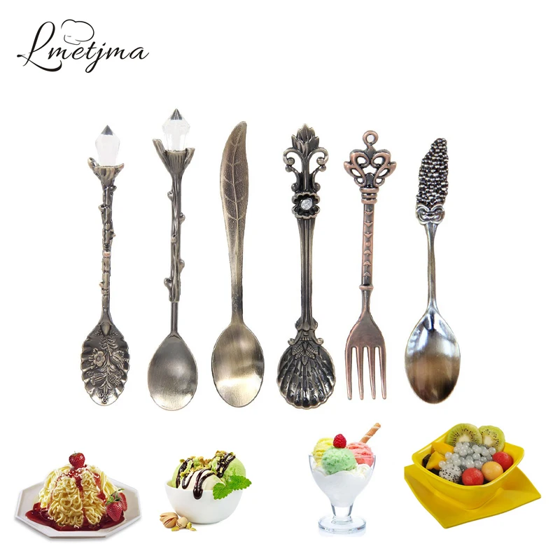 

LMETJMA 6pcs/set Retro Luxury Coffee Spoon and Fork Metal Carved Fruit Dessert Spoons Sweet Snacks Fork Dinnerware Set KC0169