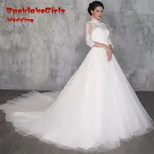 BacklackGirls Wedding 2017 Custom Made High Neck A-Line Wedding Dresses 3/4 Sleeves Sheer Back Bridal Gowns