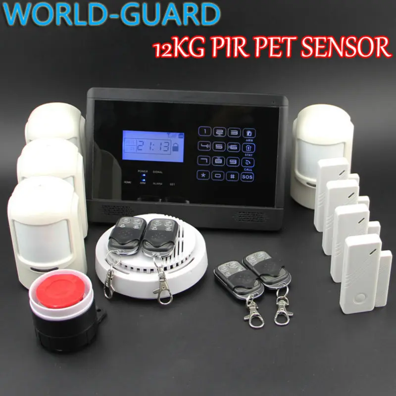 Free Shipping ! Wireless GSM SMS Autodial Smart Home Security Burglar Alarm System + Smoke Sensor LCD+4 pet immune pir sensor