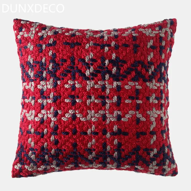 

DUNXDECO Cushion Cover Square Decorative Pillow Case Modern European Blue Red Line Wool Knitting Coussin Sofa Chair Decor