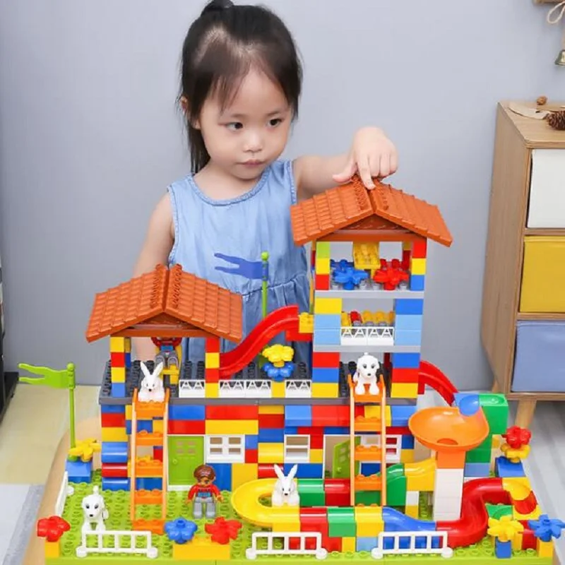 

Colorful City House Roof Big Particle Building Blocks Castle Educational Toy For Children Compatible duplo slide