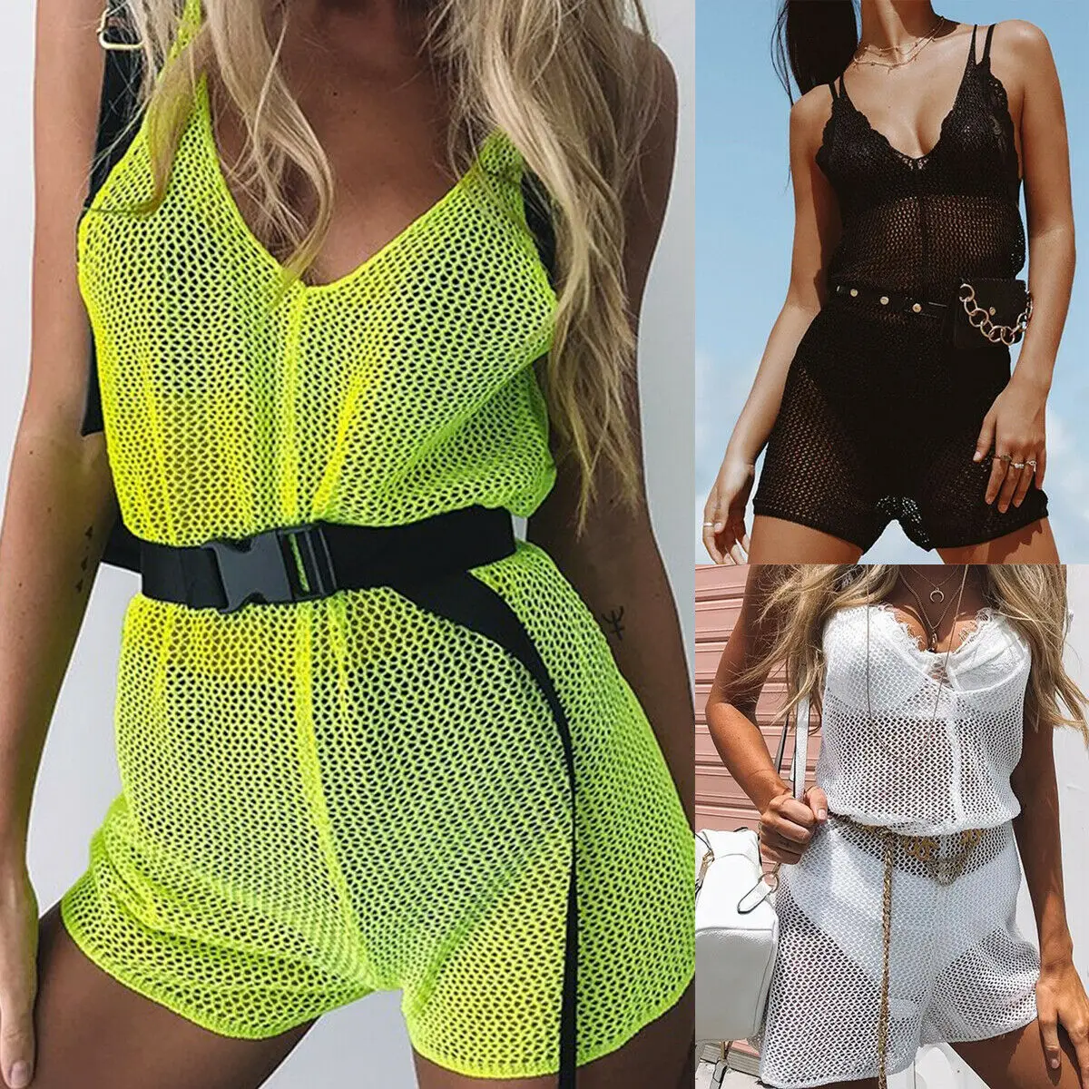 

2019 New fashion solid swimsuit Ladies See Through Bodycon Jumpsuit Playsuit Women Swimwear Beach Cover Up New
