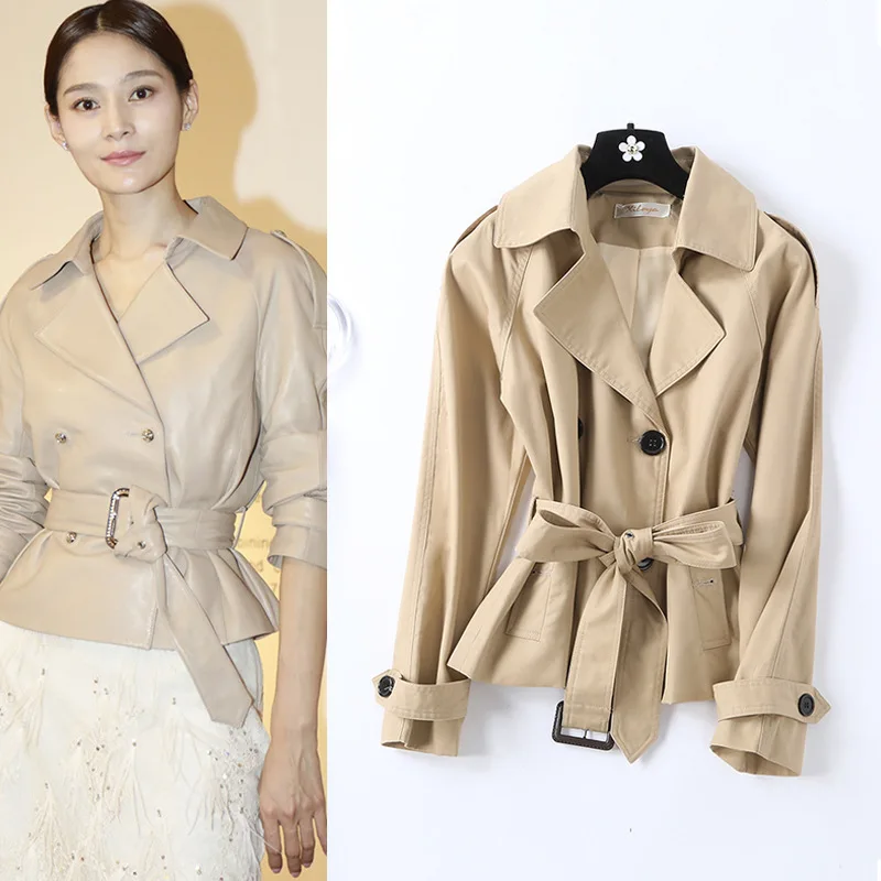 

New Spring Product Wang Yuanke with Jacket Tied Windbreaker Pockets Adjustable Waist Turn-down Collar Clothes Long Coat Women