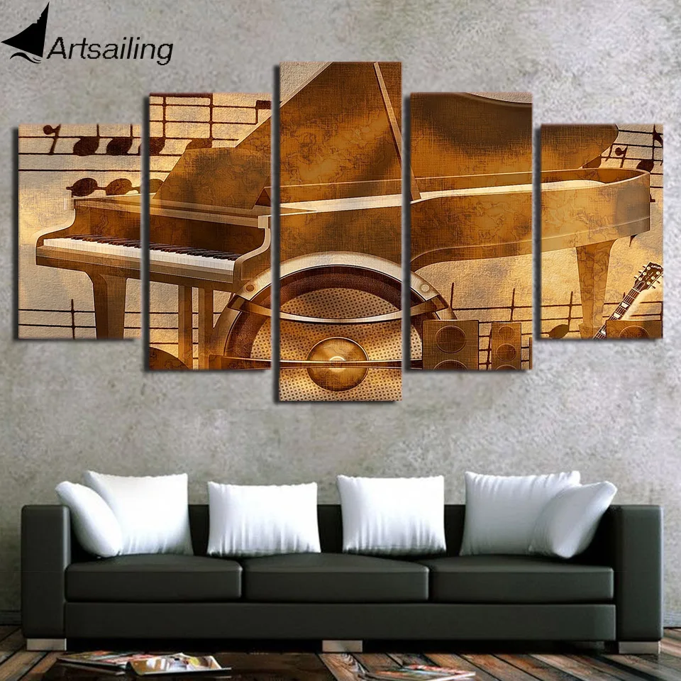 Hd Printed 5 Piece Canvas Art Piano Keys Painting Vintage Music Modular