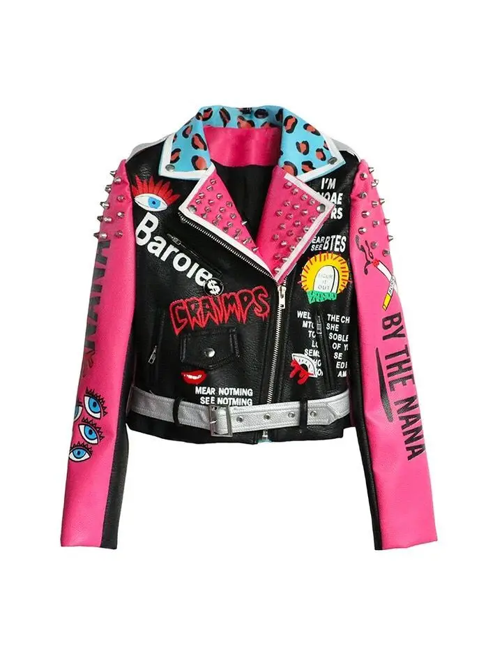 

Women Streetwear Club Punk 2018 Autumn Fashion Cropped Jacket With Belt Multicolor Motorcycle Coats