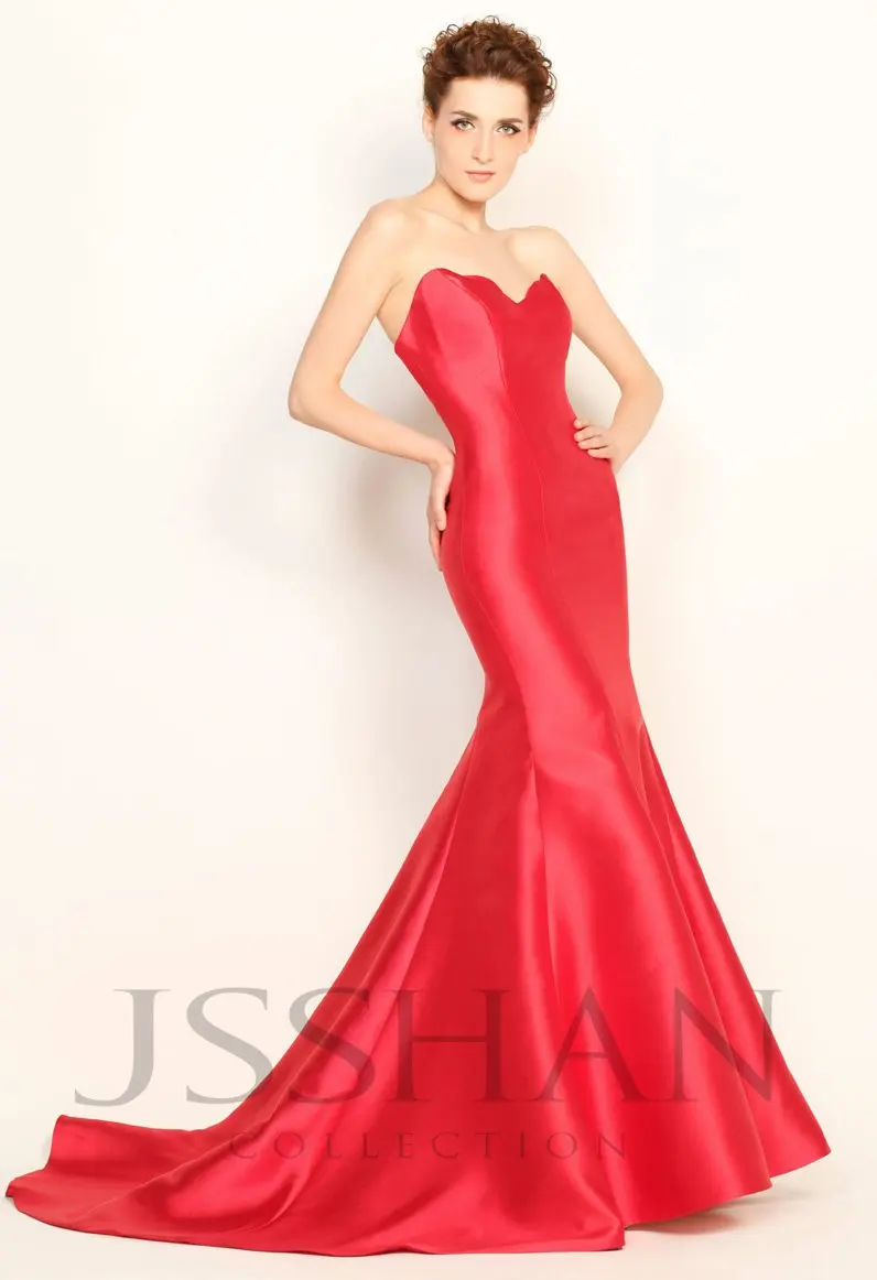 Strapless Mermaid Red Twill Satin Evening Dress Simple Heart Shape Necklin Chapel Train Finished Red Carpet
