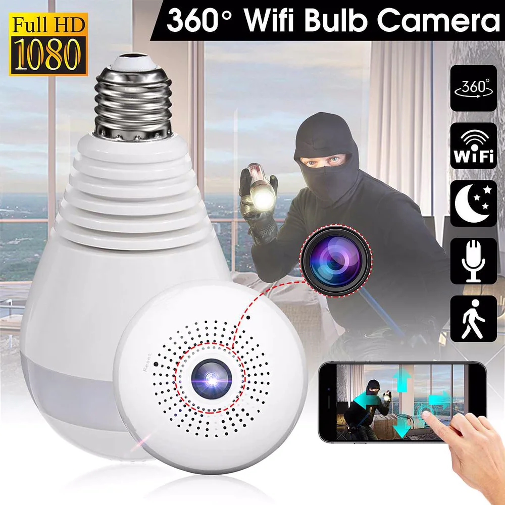  360 Degree Wireless WIFI IP Light Camera 1080P Bulb Lamp Panoramic FishEye Smart Home Monitor Alarm - 33011356762