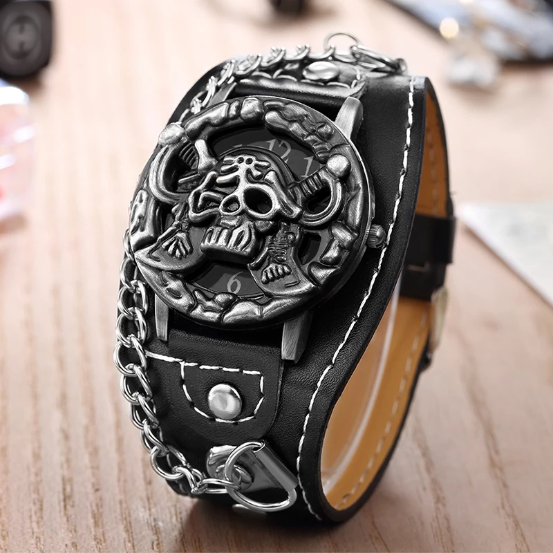 Лидер продаж O. T. SEA брендовые уникальные пиратские череп кварцевые часы в стиле панк роскошные кожаные спортивные часы Relogio Masculino 1831-6