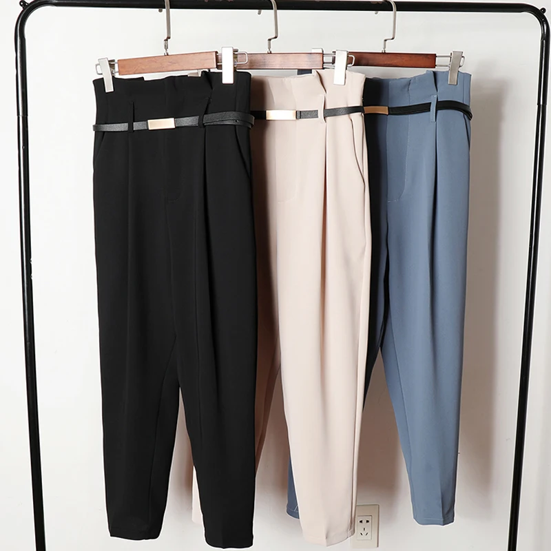 Tanie BGTEEVER OL Style wysokiej talii damskie spodnie haremki szarfy robocze spodnie biznesowe Casual spodnie damskie Pantalones Mujer wiosna