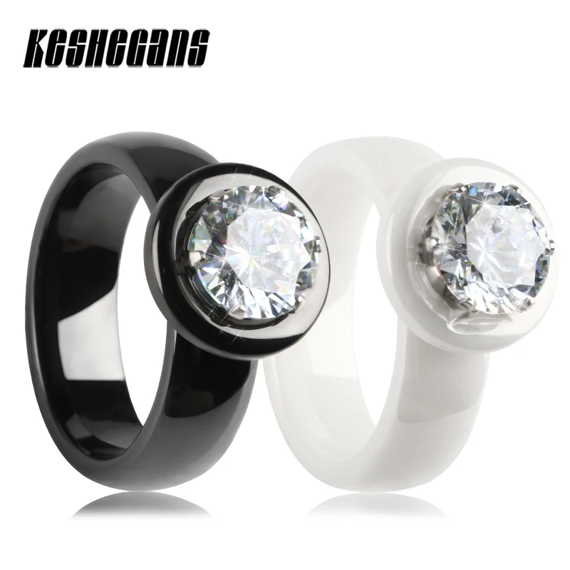 Big Crystal Rings Black White Smooth Ceramic Rings With Bling Big Transparent Rhinestone Women Fashion Jewelry Rings For Women