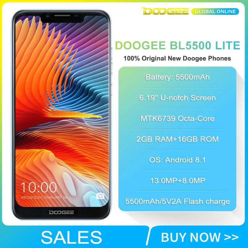 Быстрая doogee BL5500 LITE смартфон 5500 мАч MT6739 2 Гб 16 Гб 6,19 дюйма 19:9 двойная камера мобильный телефон