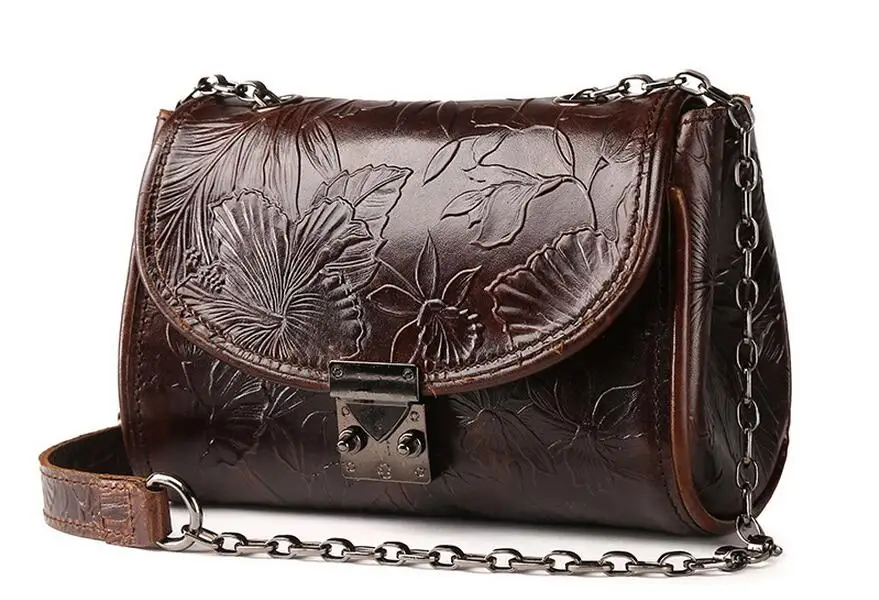 

2019 embossing genuine leather women's small messenger bag wax oil skin chain bag cowhide leather one shoulder cross body bag