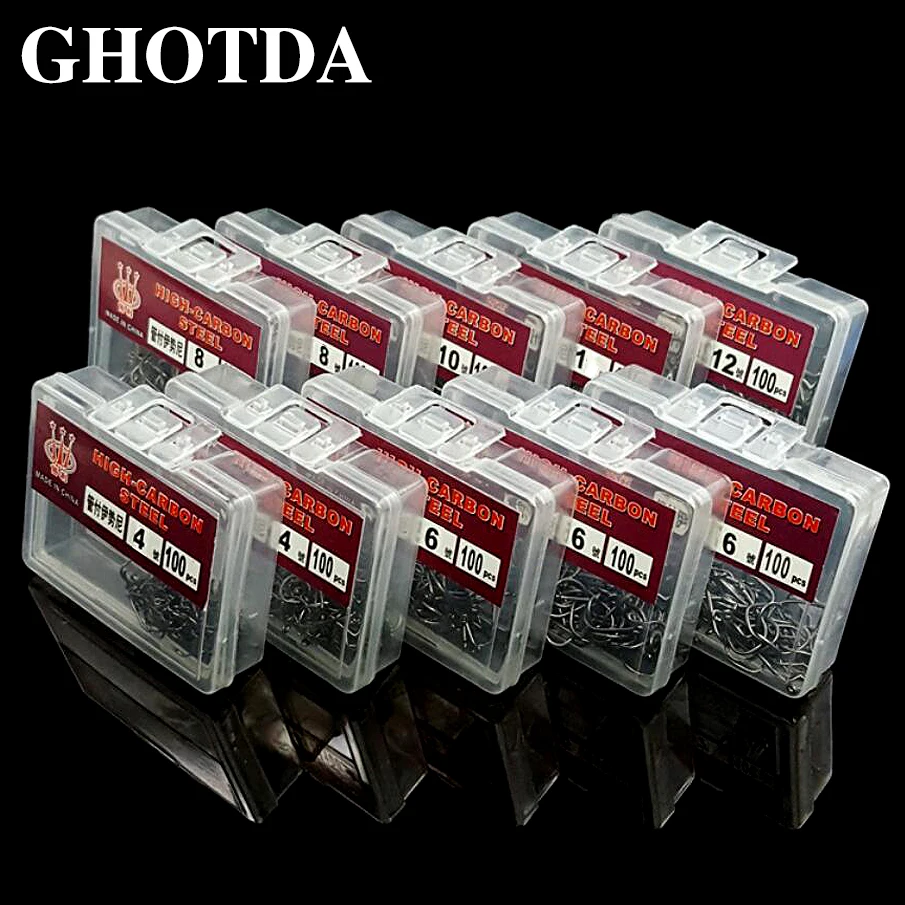 100pcs/box High Carbon Steel Fishing Hook #4 #6 #8 #10 #12 Fishhooks Pack