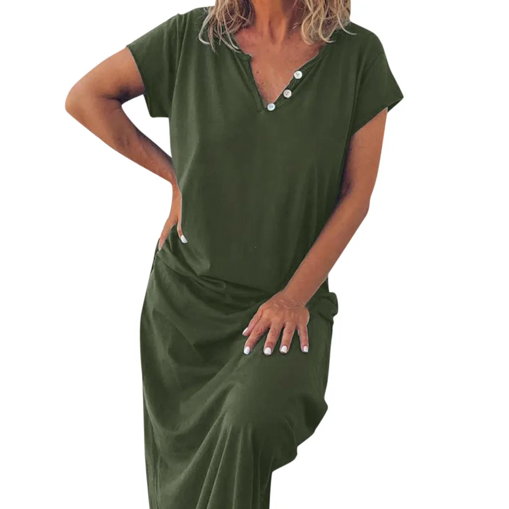 

JAYCOSIN Women Clothes V-Neck Sleeveless With Buttons Summer Dress Ladies Casual Sexy Short Sleeve Loose Solid Color Long Dress