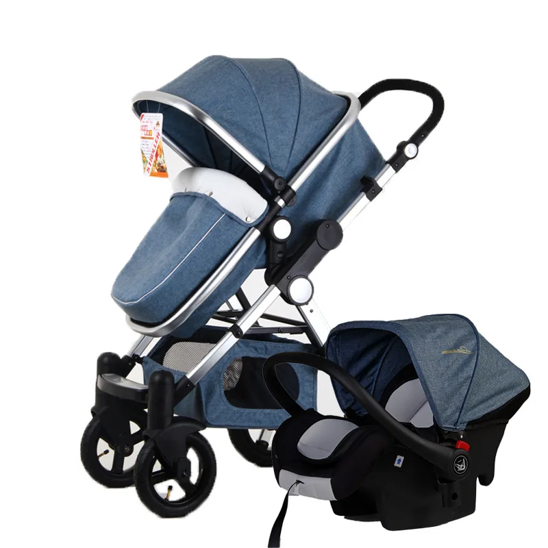 Детская коляска 3 в 1 с автокреслом для новорожденного с высоким видом, складная детская коляска, дорожная система de bebe 3 в 1 - Цвет: blue