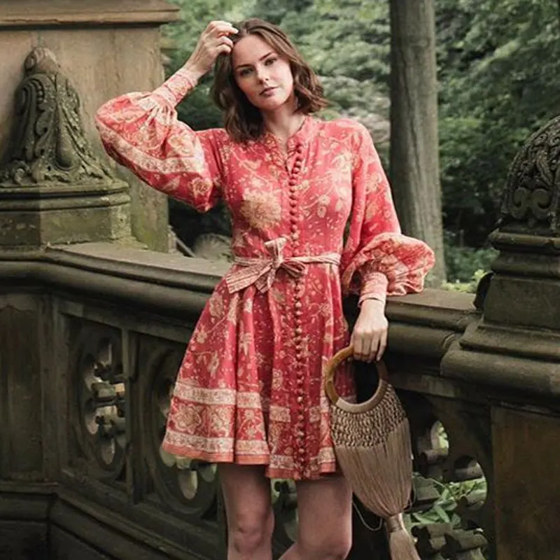 Богемный Вдохновленный красный Пейсли печатных поясом женское платье пуговицы