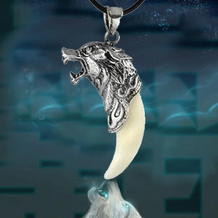 

Men Antique Silver Tribal Stark Wolf Fang Tooth Pendant Necklace, Vintage Wolf Tooth Dragon Alloy Pendant Necklace