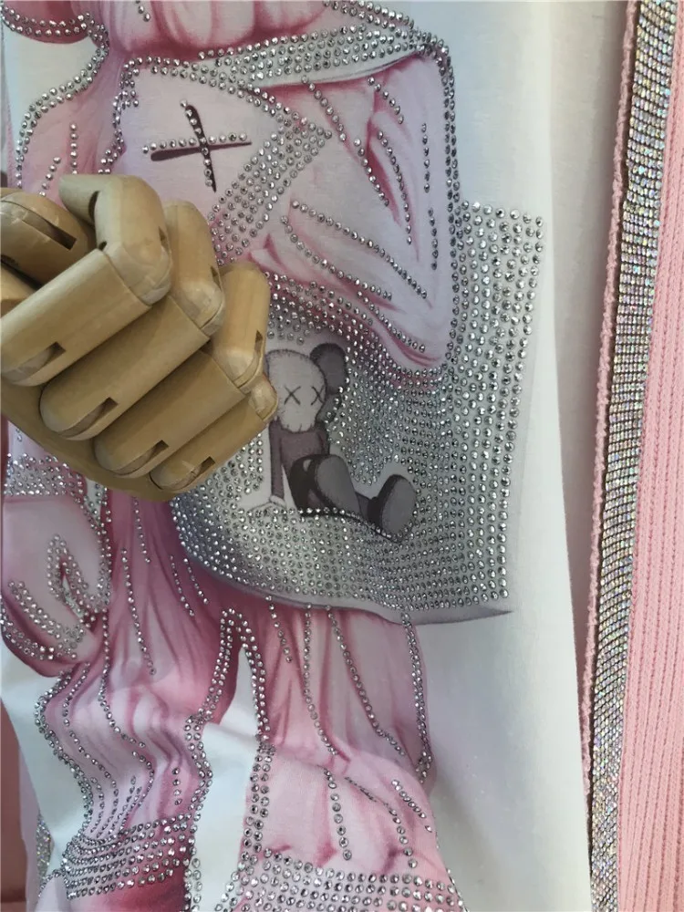 Лидер продаж, футболка для бурения женская,, свободная длинная футболка с рисунком розового медведя, с шалью, с короткими рукавами, комбинированные топы с пайетками, уличная одежда