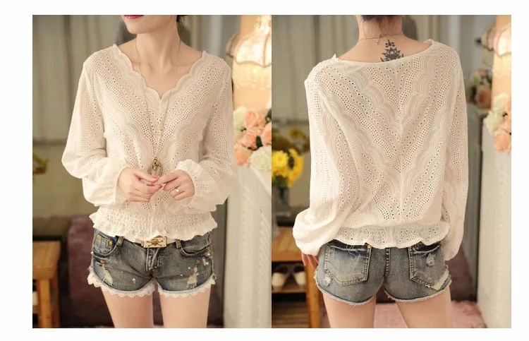 Blusas Femininas 2016 Spring Autumn Women Fashion Plus Size Hollow out Lace Blouse Long Sleeve Sexy Loose White Tops Shirt A602 c