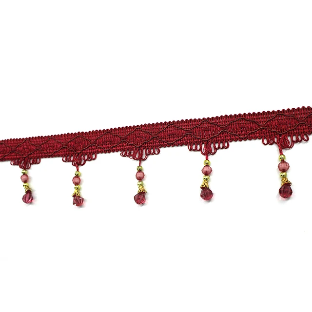 ZGTGLAD 1m Cloth Curtain Sewing Tassel Fringe Trim Tassel Crystal bead Lace Accessories Curtain Home DIY Decoration Supplies Red