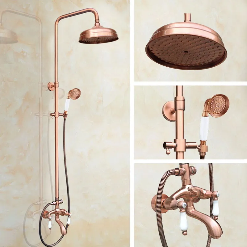 

Retro Antique Red Copper Wall Mounted Waterfall Bathroom 8" inch Round Rain Shower Faucet Set Dual Ceramic Handle Tub Tap arg564