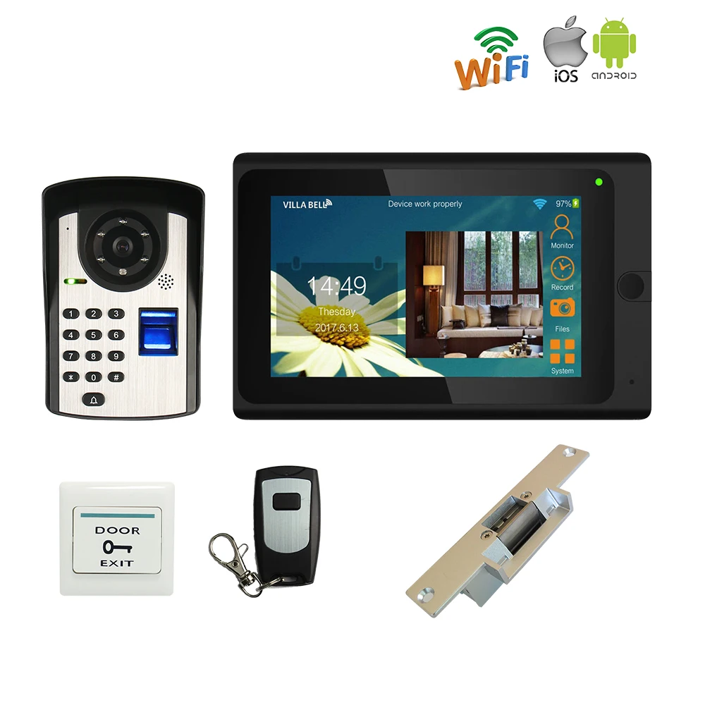 

720P WIFI IP 7" Touch Screen Video Intercom Door Phone Record Kit Fingerprint Keypad Remote Unlock Camera Electric Strike Lock