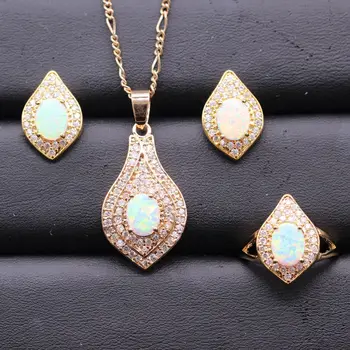 

JINYAO Fashion Party Summer Jewellery Set Gold Color White Fire Opal &Zircon Pendants Earrings Ring Jewelry Sets For Women