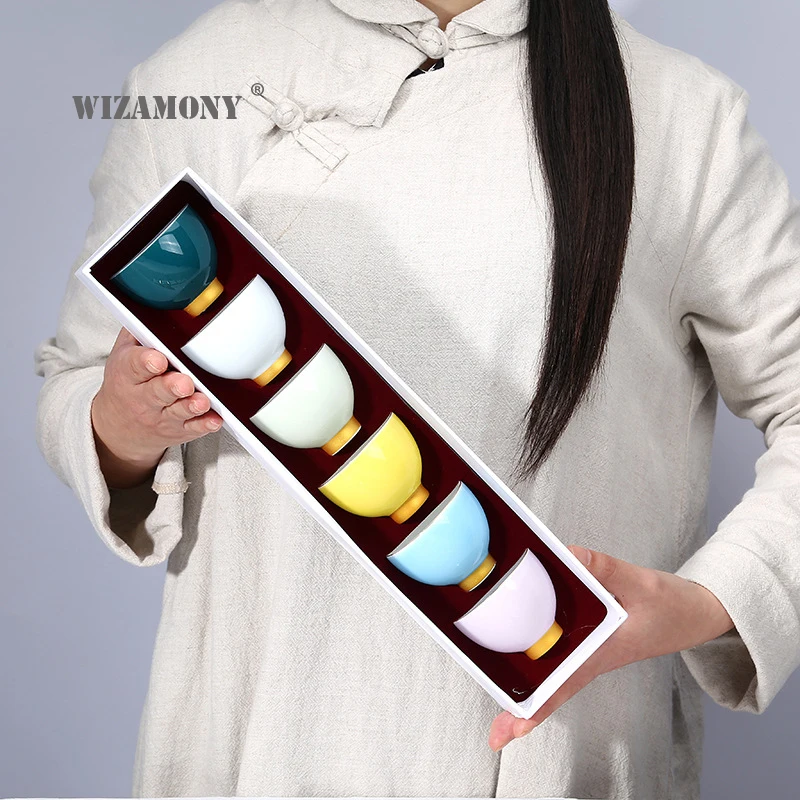 

6PCS!!!WIZAMONY Chinese Kung Fu Tea set Rainbow Tea Cup Drinkware Colorful Ceramic Celadon Porcelain Teacups for Puer Oolong tea
