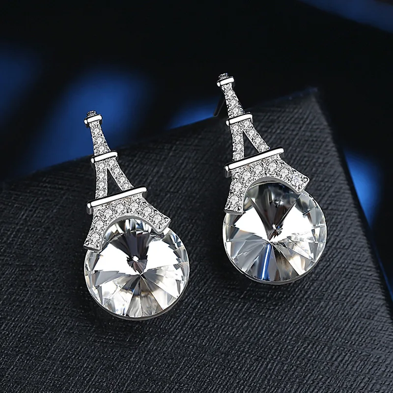 

925 Sterling Silver Hypoallergenic Crystal Eiffel Tower Stud Earring for Women Girl Earrings Wedding Jewelry Gift Brincos A095
