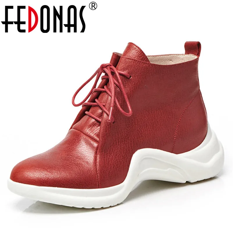 

FEDONAS Women Ankle Boots Natural Leather High Heel Lace-up Martin Boots Round Toe Casual Shoes Woman Platforms Basic Boots