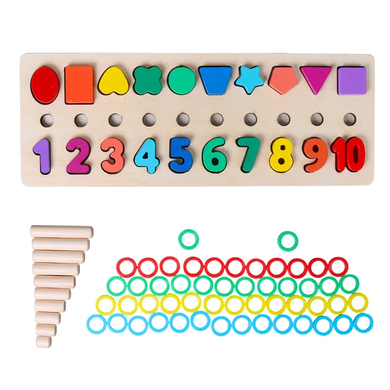 Montessori Math Toys 3 In 1 Digital Shape Pairing Rainbow Rings Preschool Counting Board Educational Wooden Toys for Children