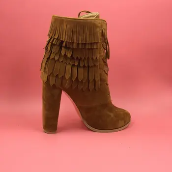 

Fashion Brown Chunky Heels Women Boot Shoes Woman Bottes Femmes 2016 Tassel Pointed Toe Square Chunky Heel Ankle Boots For Women