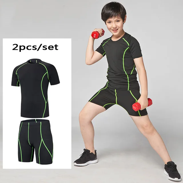 HOT Kids Compression Running Set shorts Shirts Youth Boys Survetement