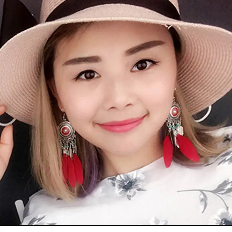 

Zhijia Feather Dangle Long Earrings For Women ethnic style bohemian Feather earrings Jewelry Earrings Bride Jewelry