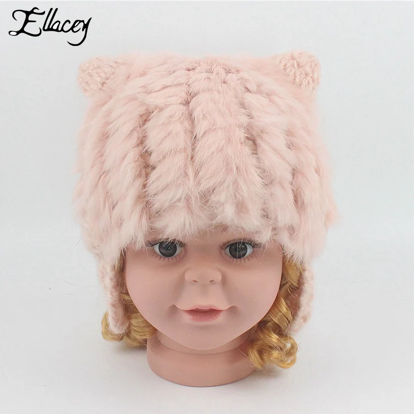 Ellacey 2017 Autumn Winter Cat Ears Hats Kids Real Rabbit Fur Beanies