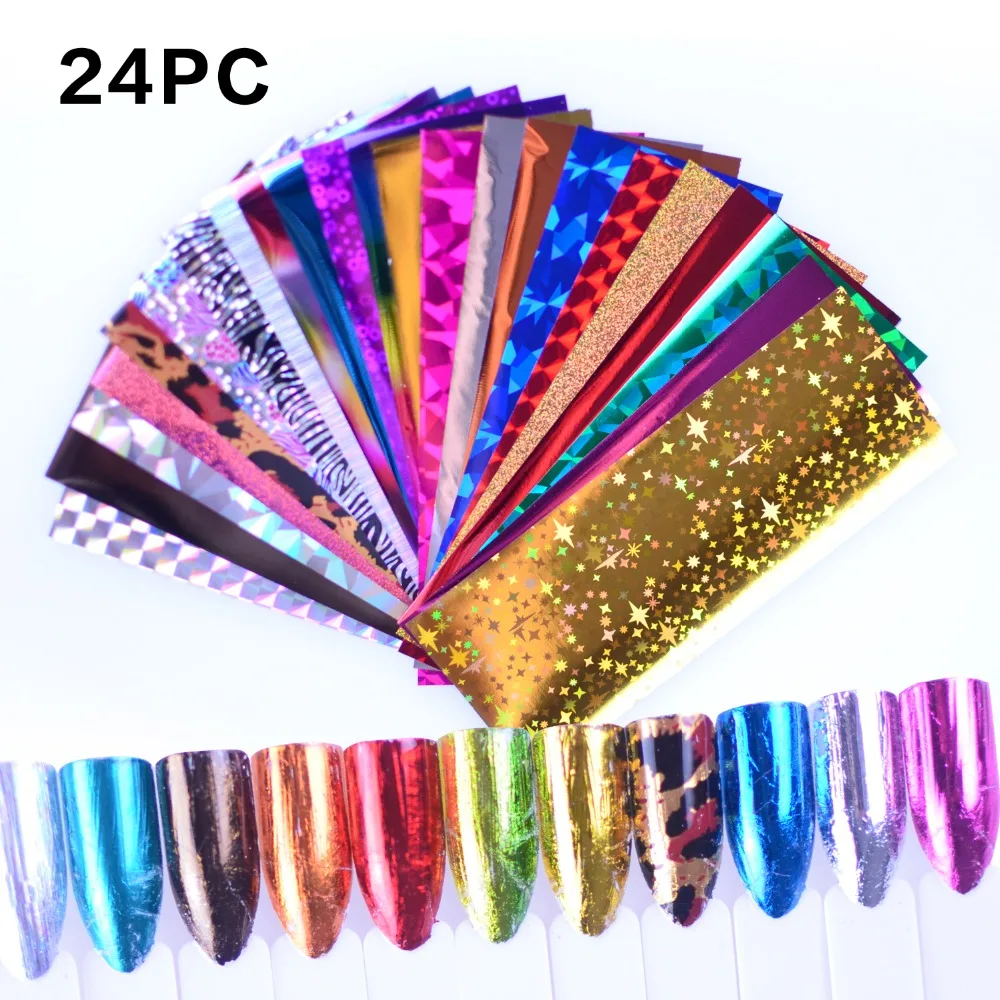 

24Pcs/Set Holographic Nail Foil Set Transparent AB Color Nail Art Transfer Sticker Manicure DIY Holo Sticker Decoration