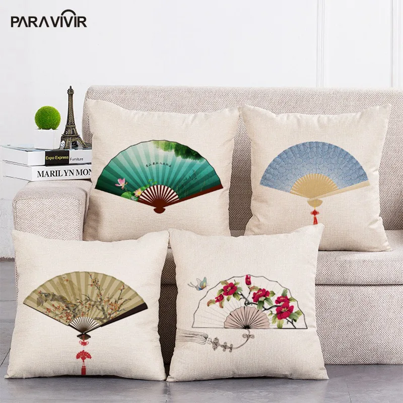 PARA VIVIR Chinese Style Cushion cover Elegant Fan Linen Cotton