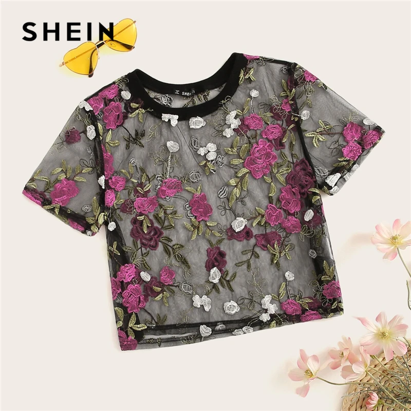 SHEIN Boho разноцветная Цветочная вышивка Прозрачная сетка Сексуальная укороченная блузка женская летняя круглый вырез короткий рукав элегантный топ блузки