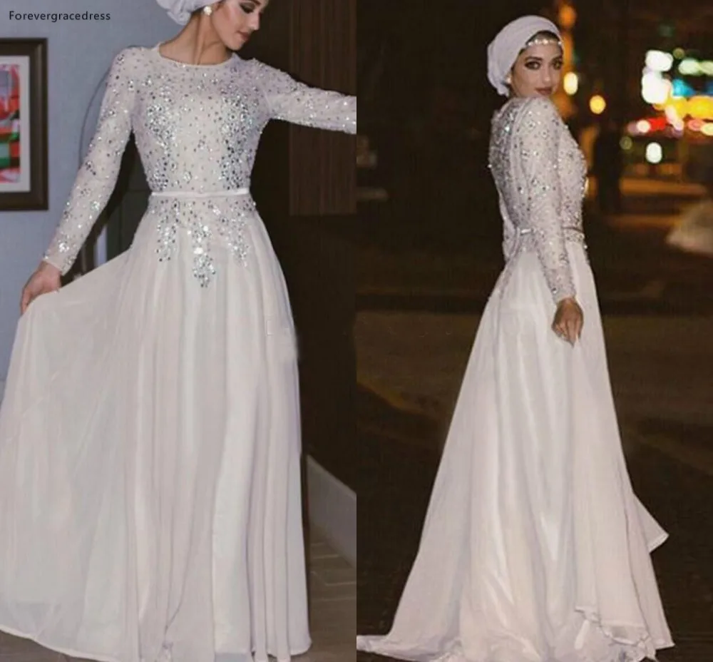 Sparkly Long Sleeves Muslim Evening Dresses Sequins Crystal Chiffon Floor Length Silver White Prom Dresses Arabic Abaya Party Dresses  127 (2)