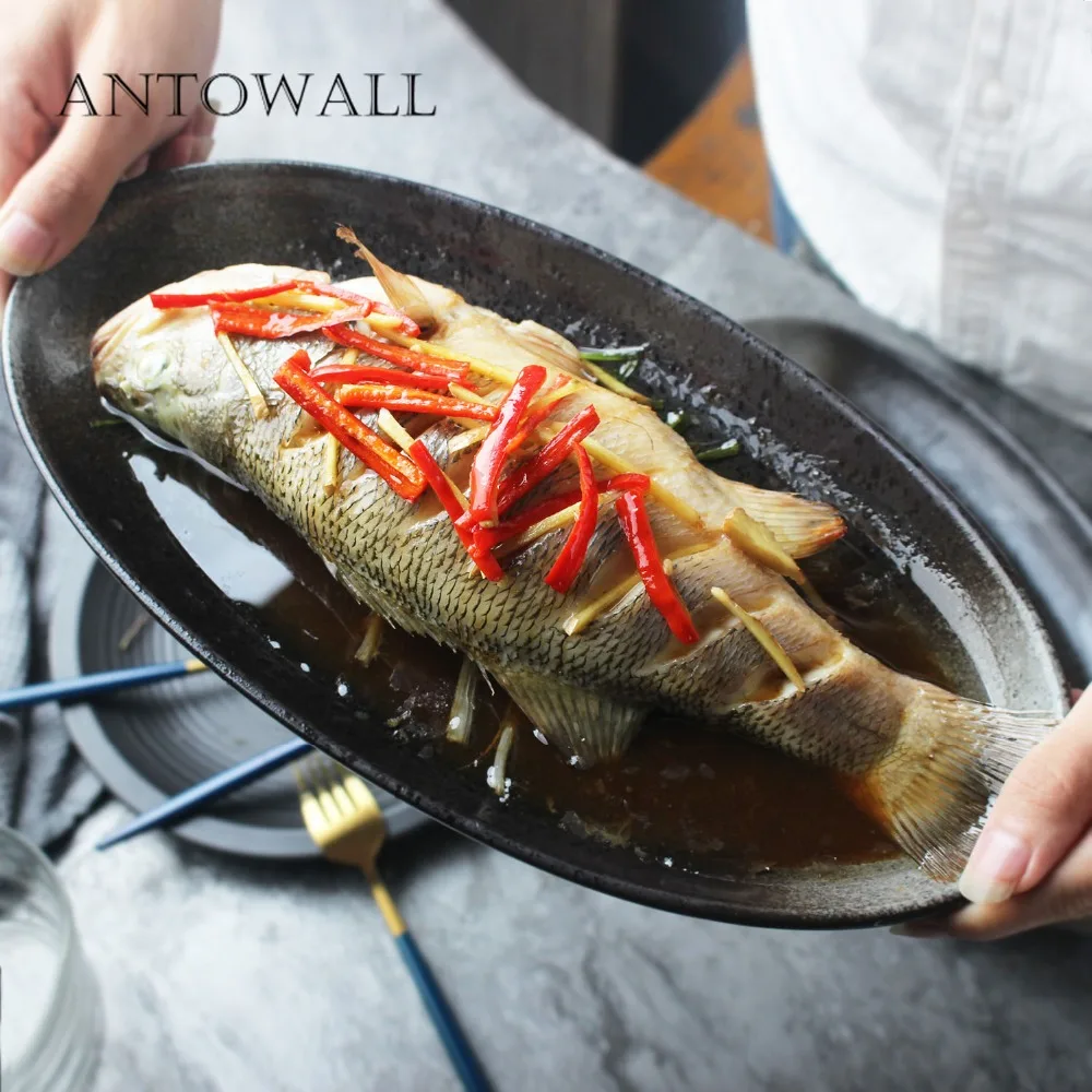 

ANTOWALL Japanese-style kiln glaze ceramic tableware oval dish restaurant large steamed fish dish retro fish shaped dinner plate