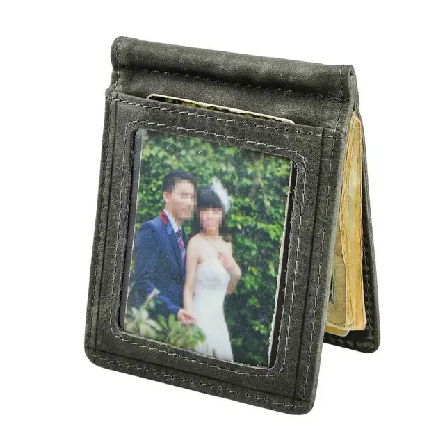 Genuine Leather Men Magnetic Money Clip Wallet Business Card Photo Holder Case Design Front Pocket Wallet Mini Purse Male 1099-c grey 2