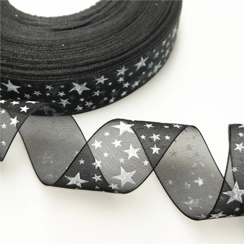 suoja 10Yards/lot 1"(25mm) Printed Star Organza Ribbon Hair Bow Wedding Christmas Decoration DIY Sewing - Цвет: BLA