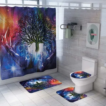 

4PCS Magic tree print Non Slip Toilet Polyester Cover Mat Set Bathroom Shower Curtain toilette wc seat cover accessories#g4
