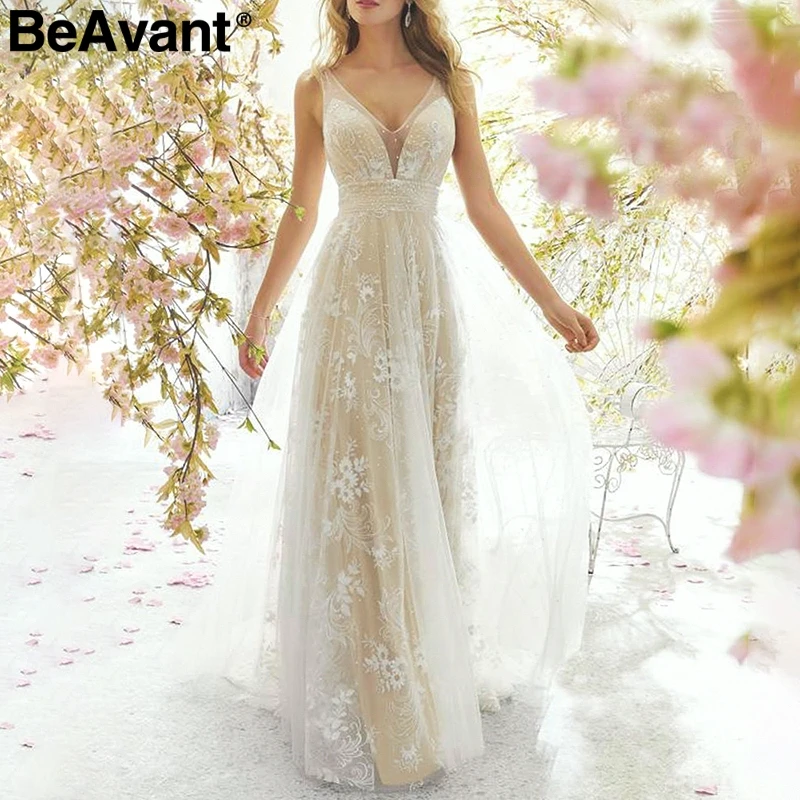 

BeAvant Sexy women celebrity party dress V neck sleeveless mesh embroidery elegant maxi dresses Female luxury long lace vestidos