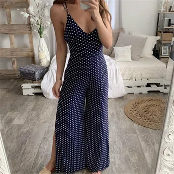 

Trendy Women clothes backless V-neck Polka Dot Strap Jumpsuit sleeveless Casual Polyester Wide Leg Romper one pieces