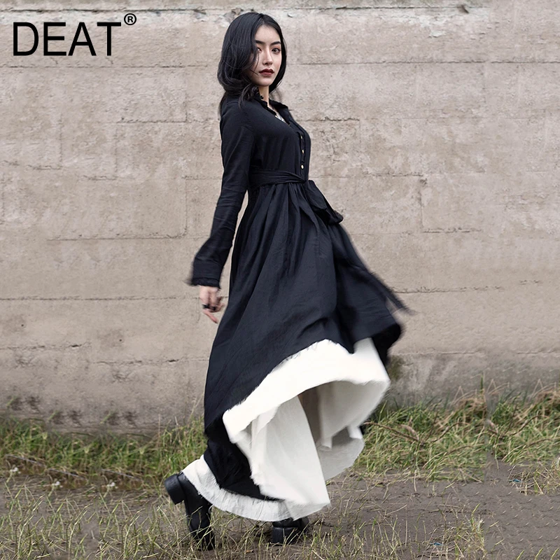 

[DEAT] 2019 New Spring Summer Lapel Long Sleeve Black Loose Hem Irregular Pleated Bandage Two Piece Dress Women Fashion JR47